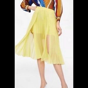 Zara Skirt Shorts Size XS Womens Organza Pleated Bright Yellow Midi Skort Slit